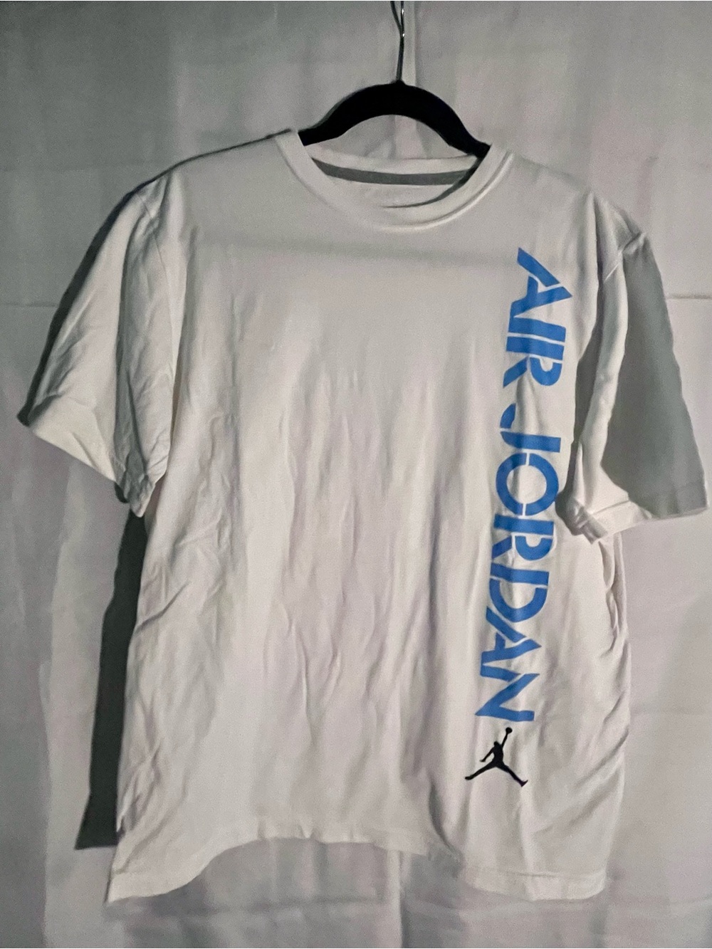 Jordan Men’s White Short Sleeve Tee with Blue Vertical AIR JORDAN Print